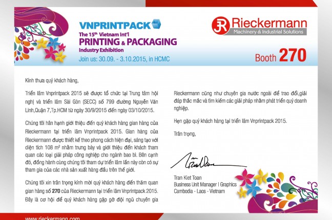 Thư mời tham dự triển lãm VNPrintPack 2015 của công ty Joh Rieckermann